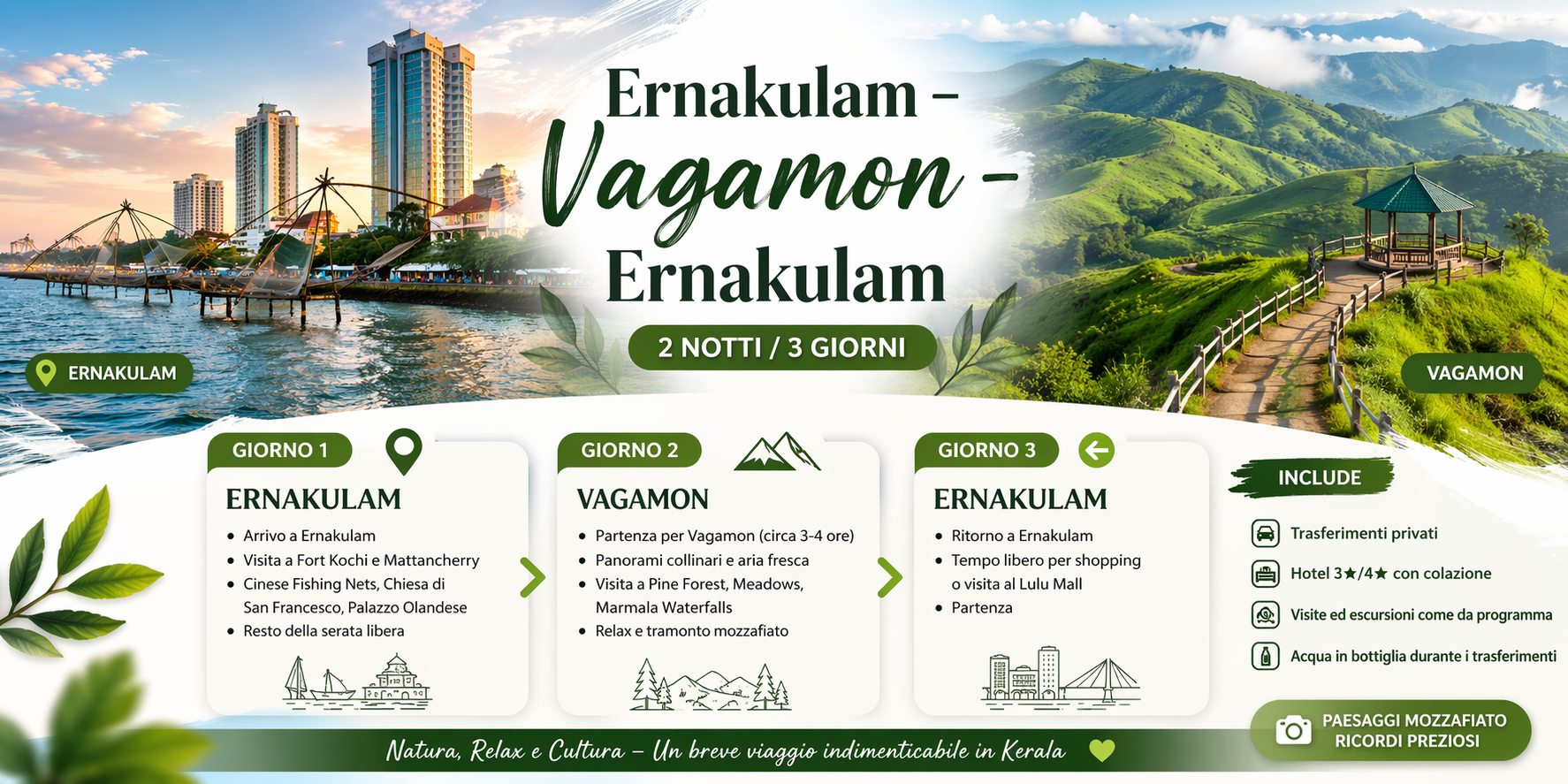 Alla scoperta delle bellezze naturali Ernakulam – Vagamon – Ernakulam (2 Notti 3 Giorni Itinerario in Kerala)