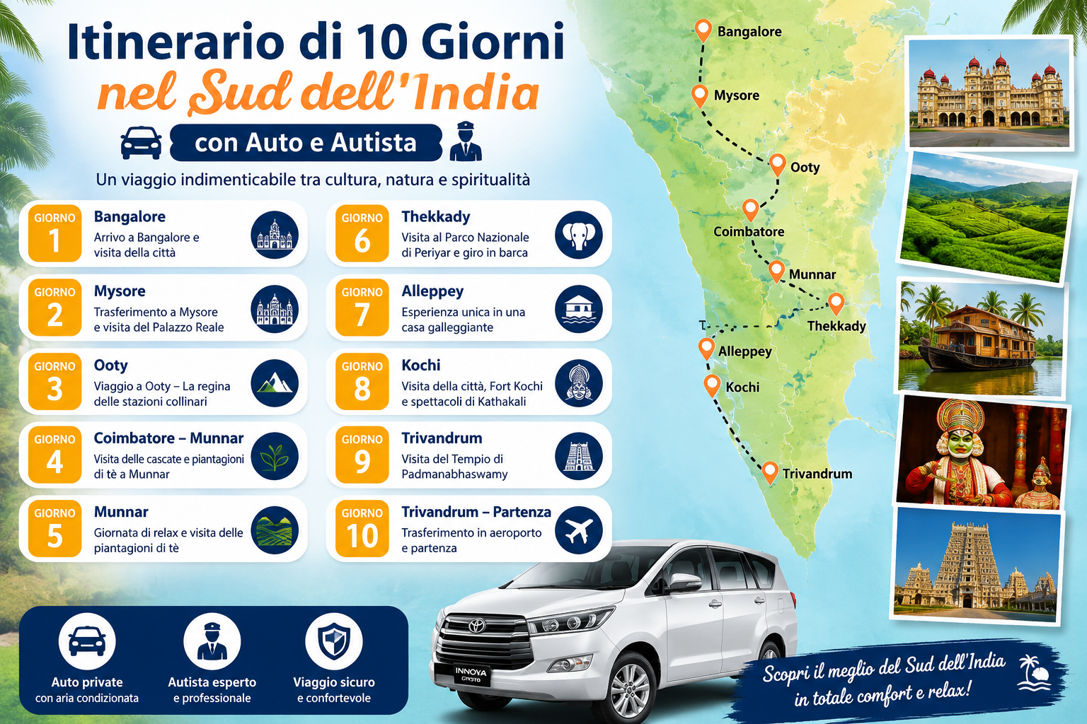 Itinerario di 10 Giorni nel Sud dell'India con Auto e Autista