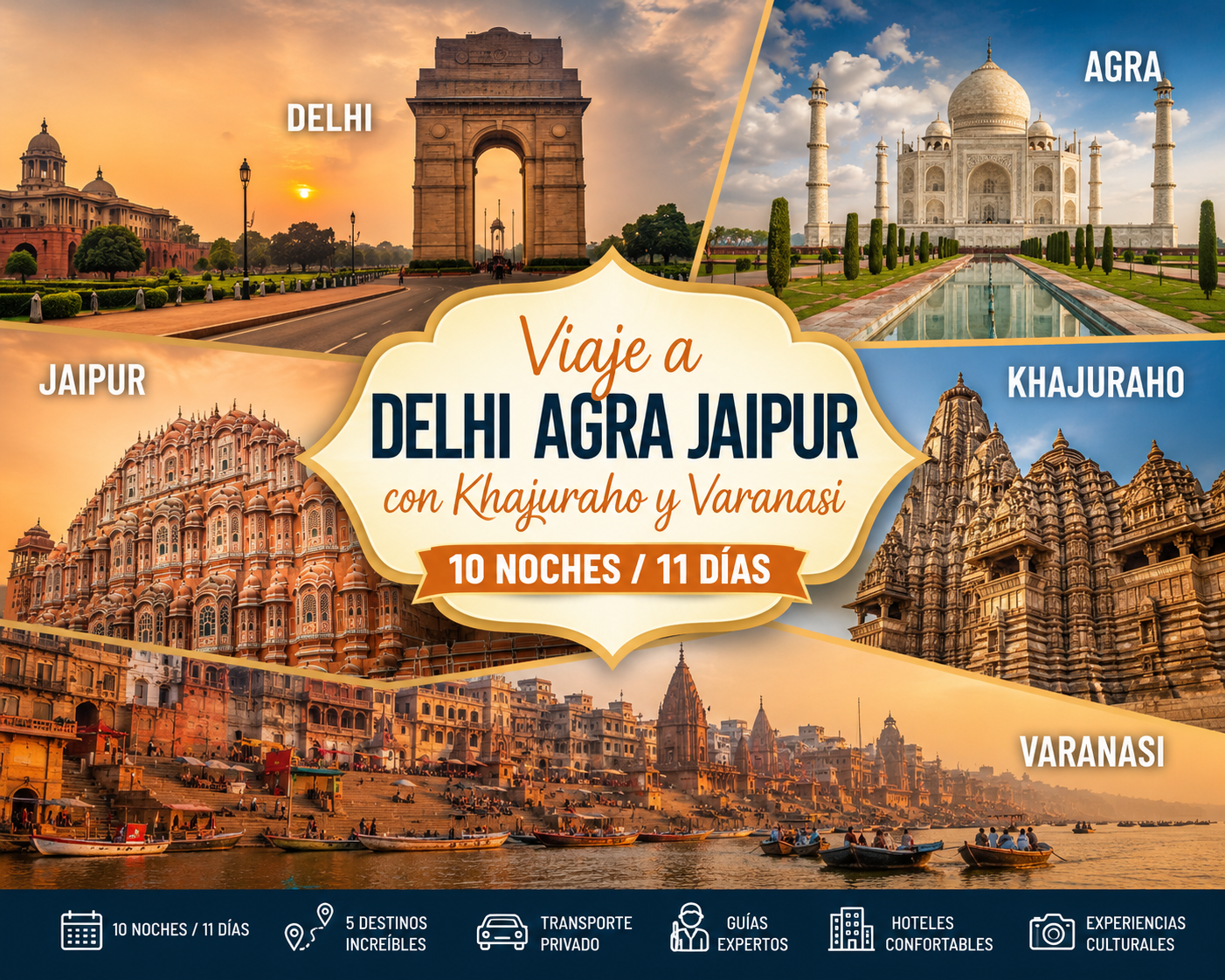 Viaje a Delhi Agra Jaipur con Khajuraho y Varanasi 10 Noches 11 Días